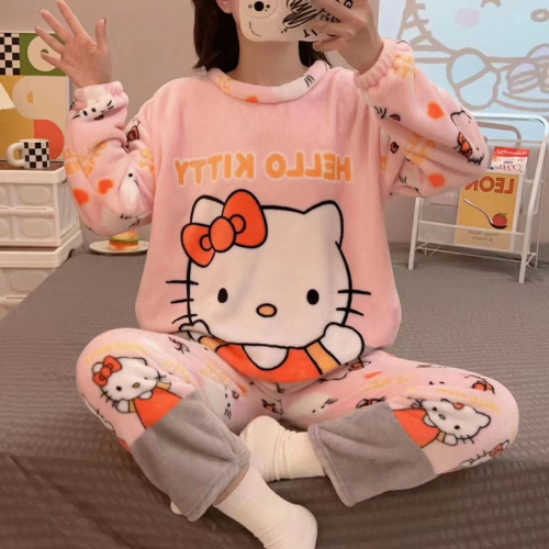 Autumn and winter pajamas women's thickened student coral fleece cartoon two-piece suit round neck flannel home service suit
