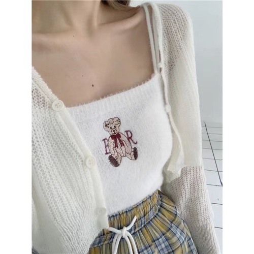 Imitation mink plush girls wear bear embroidery tops all-match outside wear suspenders knitwear