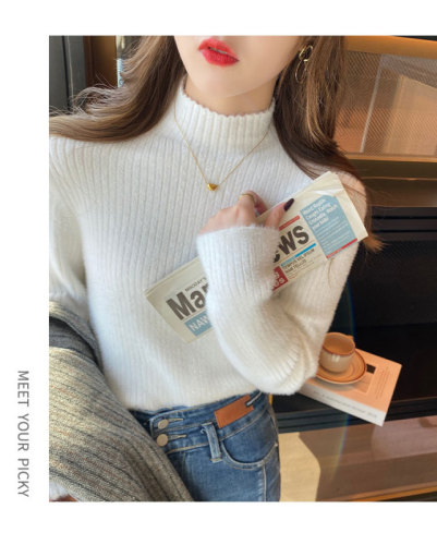 Pink sweater women's winter thickened half-high collar plus velvet bottoming knitted sweater for autumn and winter high-quality mink velvet top