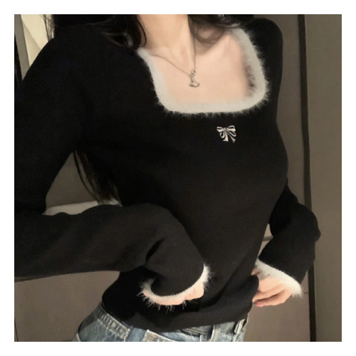 Embroidered color contrast square collar fur collar bottoming inner wear autumn and winter new design sense slimming bottoming knitted top women