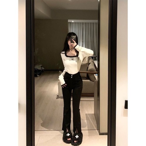 Embroidered color contrast square collar fur collar bottoming inner wear autumn and winter new design sense slimming bottoming knitted top women