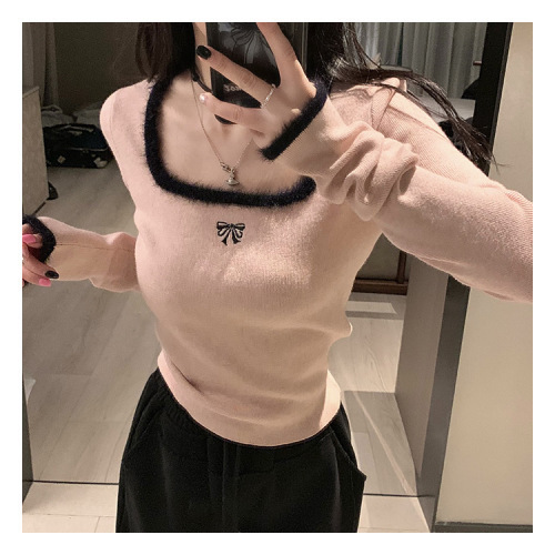Embroidered color contrast square collar fur collar bottoming inner wear autumn and winter new design sense slimming bottoming knitted top women