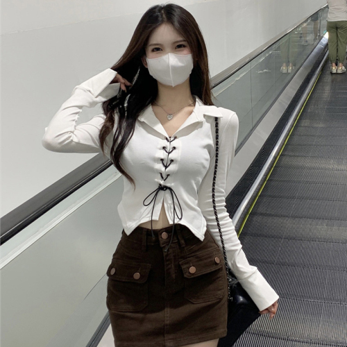 Polo collar long-sleeved short t-shirt women's spring and autumn hot girl straps look thin inner bottoming shirt top