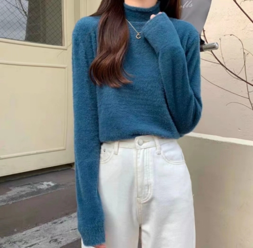 Imitation mink velvet sweater women's ins fashion autumn and winter Korean version solid color half-high collar fashion thickened inner bottoming knitted sweater
