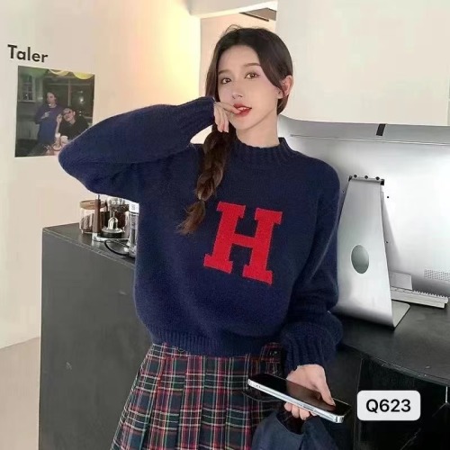 2022 autumn and winter new Korean style design lazy half-high collar letter jacquard long-sleeved top