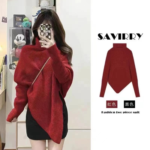 Red sweater women's autumn and winter New Year's clothes New Year's Rabbit year natal year Christmas irregular bottoming top