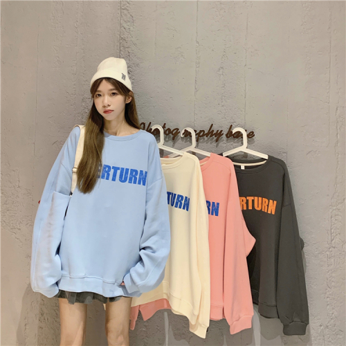Plus velvet thick sweater women's new Korean version loose printed letters casual mid-length blue top ins