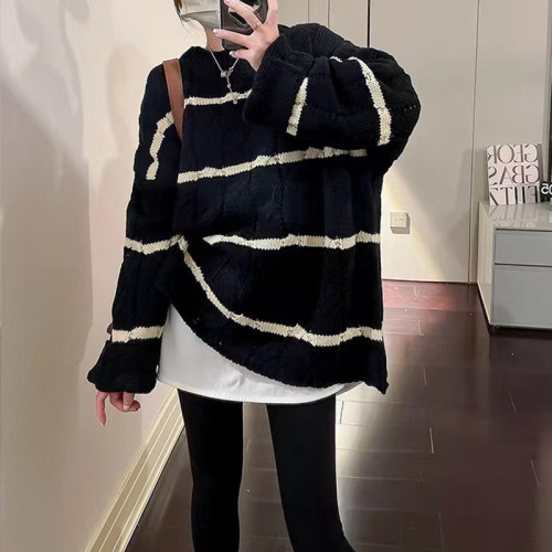 Korean striped long-sleeved sweater women's 2022 autumn and winter new thickened loose hemp pattern knitted top tide