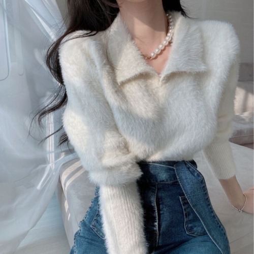 Korean chic mink velvet sweater women's lapel autumn and winter foreign style mohair sweater pullover niche loose