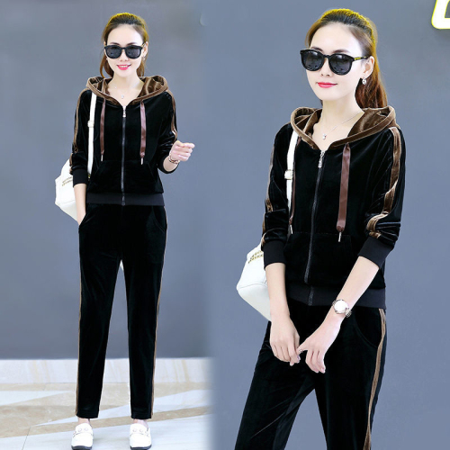 Gold velvet casual sportswear suit female  spring and autumn new mother's clothing hooded fashion two-piece set