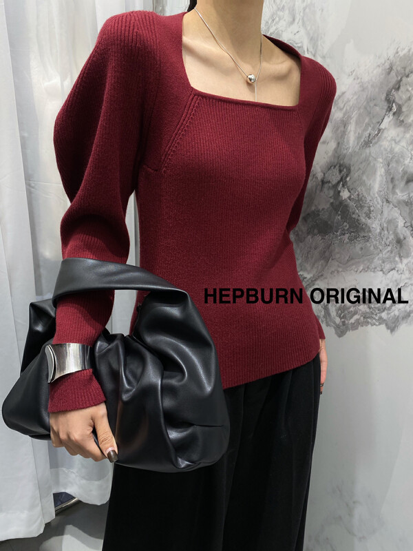 [HEPBURN Hepburn] square collar lamb leg sleeve wool sweater retro all-match Y88