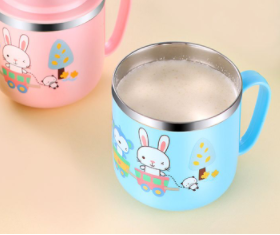 304 stainless steel children's straw cup kindergarten anti-fall with cover cartoon learning drink cup household double-layer baby water cup