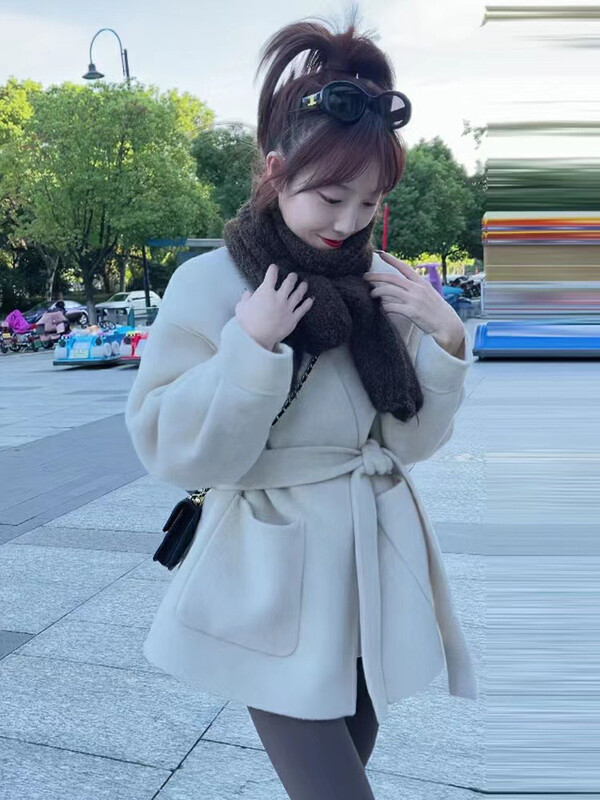 【Y.JIA】Korean version waist strap V-neck temperament wool coat coat wool coat (with belt) 55158