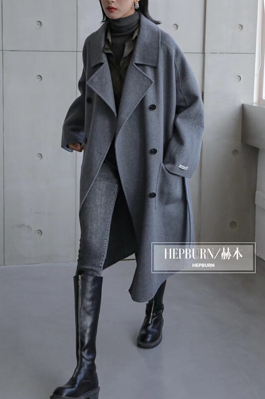 [HEPBURN] Temperament all-match double-breasted wool jacket (with belt) (100% wool) 069# L