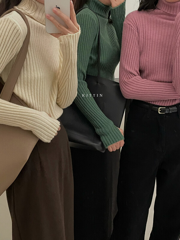 [KITTIN] Korean version of the pit strip high collar all-match knitted bottoming shirt 1688