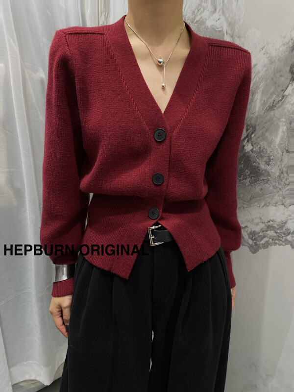 [HEPBURN Hepburn] Retro Lazy Wool Knit Cardigan Slim Sweater Top Women 1613