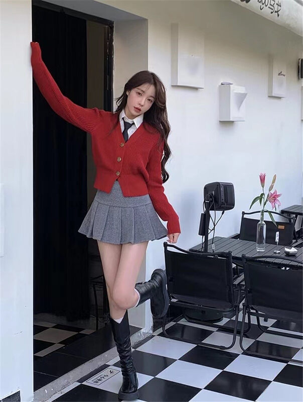 【MS STUDIO】Christmas red atmosphere V-neck jacket knitted cardigan 3318# PCZ