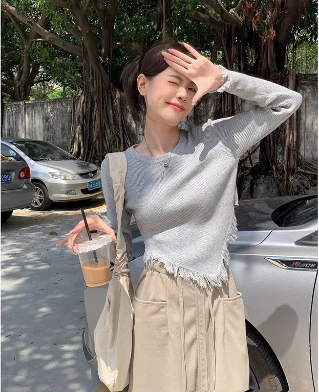 [WGWE] Simple solid color irregular fringed long-sleeved T-shirt 2779# FHX
