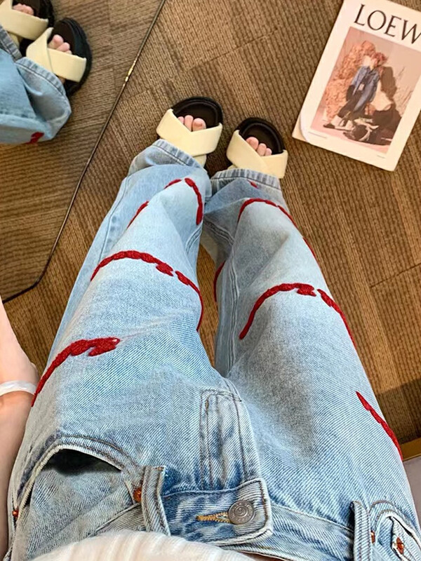 [JIAJIATMMT Muli] Retro light-colored wide-leg jeans with velvet embroidered letters T6162# L