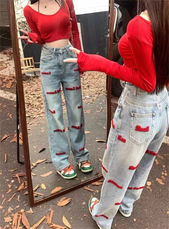 【JEANS】Composite velvet red letter straight jeans R0726# LSW