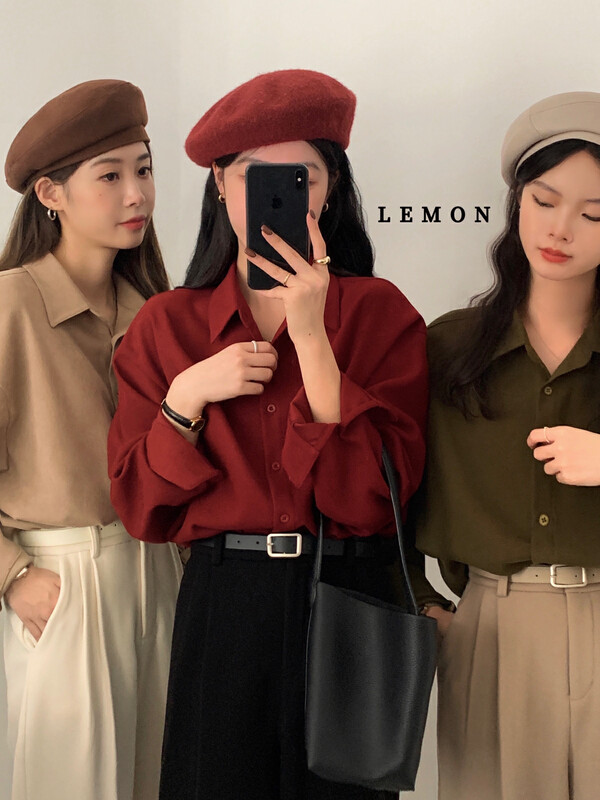 【Lemon Green Tea】Korean style thick brushed solid color all-match shirt 2599# FHX