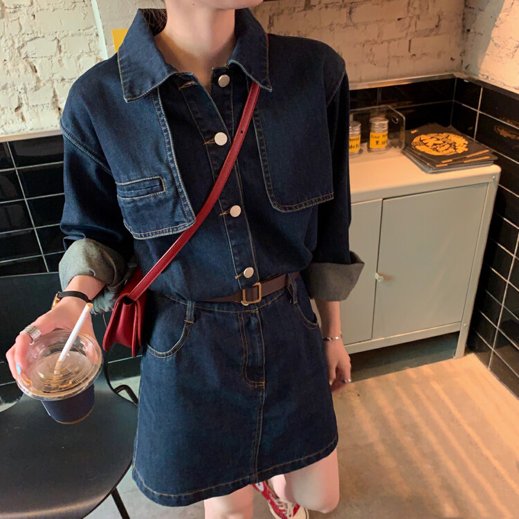 New in autumn!【WGWE】French slimming denim dress (with belt) 2618# FHX