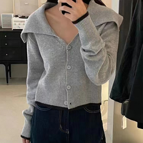 Autumn and winter Korean style simple casual large lapel contrast color edge short long-sleeved knitted cardigan jacket