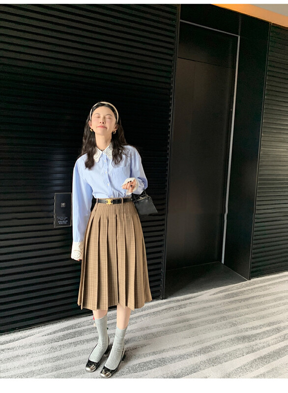 New in autumn! [WGWE] Workplace Goddess Fan Lace Striped Shirt 2732# FHX