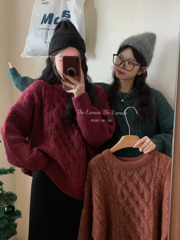 [Lemon Green Tea] Retro Rhombus Twist Loose Sweater 00-286