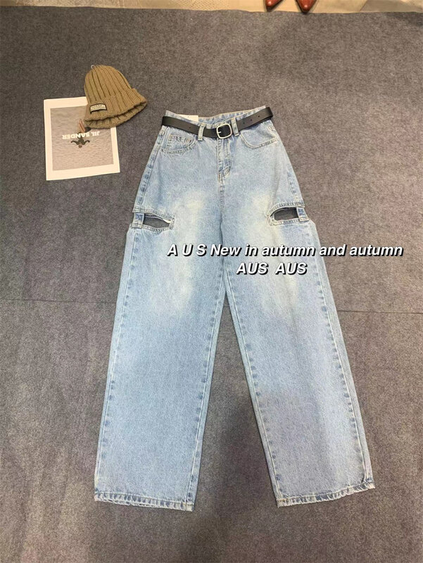 【AUS】High waist hollow all-match straight jeans (with belt) DS23A# LSW