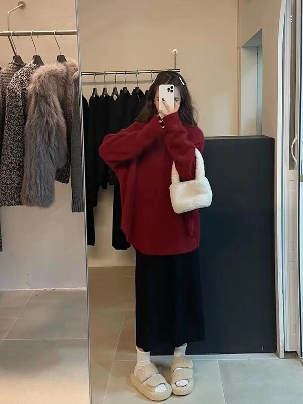 [MI NI] High-end solid color all-match sweater + mid-length skirt suit 9625-1# PCZ