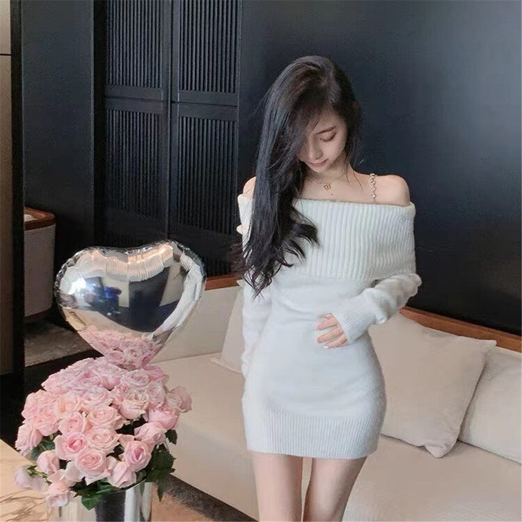 【MS STUDIO】Sexy one-shoulder knitted dress 066156# PCZ