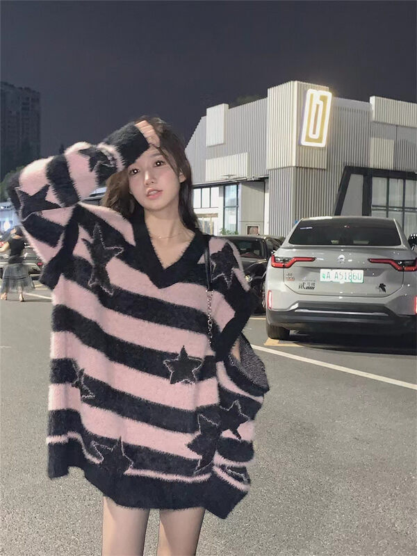[MS STUDIO] Niche design sense five-pointed star print striped warm sweater (with detachable sleeves) 8854# PCZ
