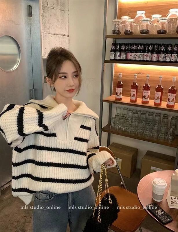 【MS STUDIO】Polo collar striped lazy style warm sweater 5589# PCZ