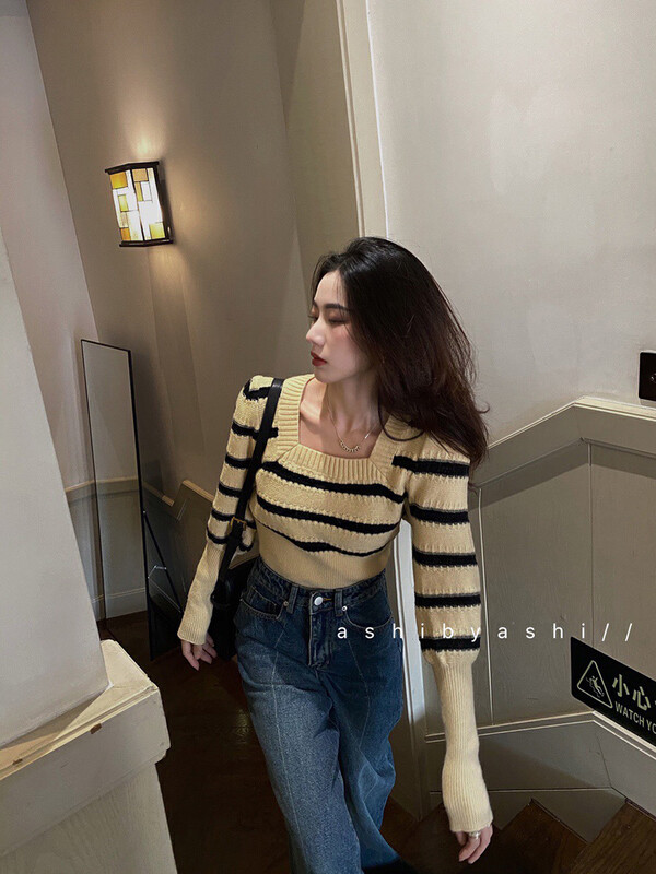 【WGWE】French square collar striped puff sleeve pullover temperament sweater 3160# FHX