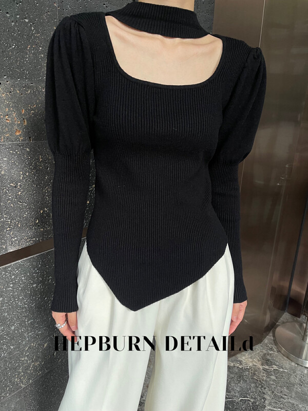 【HEPBURN Hepburn】Small stand collar bubble lamb leg sleeves warm sweater (with irregular hem design) Y111# FHX