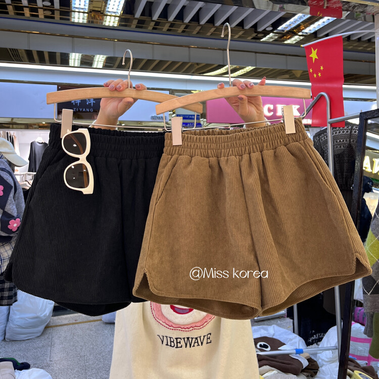【MISS KOREA】Solid color corduroy elastic waist casual shorts 9091# HBX