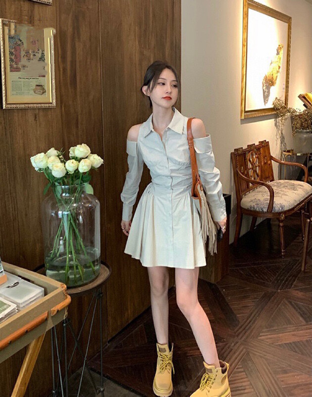 New in autumn! [WGWE] High-end lady waist strapless shirt dress 2794# FHX
