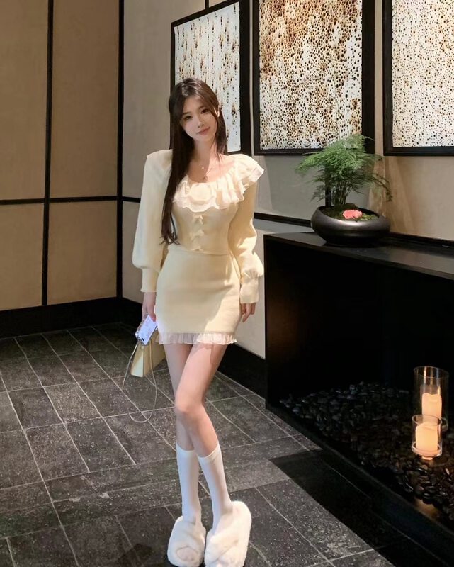 【MS STUDIO】Sweet girly lotus leaf collar sweater + short skirt suit 09569-1# PCZ