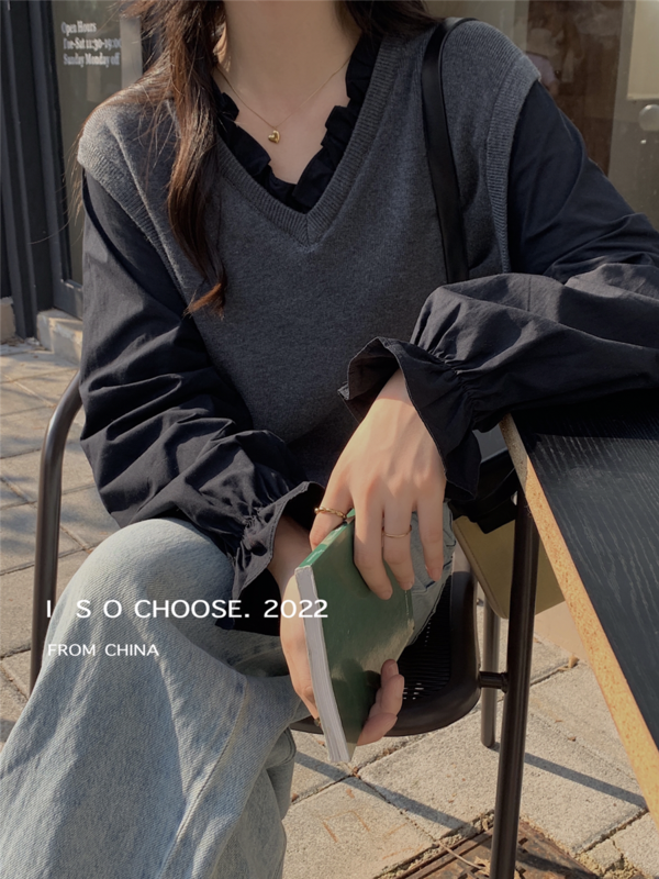 Original price 62.04! [ISO Korean style] Korean version of two fake warm sweaters with fungus ears 666507# HJY