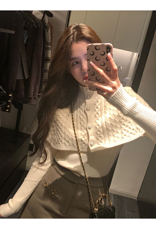 [L.L STUDIO] Solid color Korean knitted shawl + long-sleeved all-match top suit 78596# PCZ