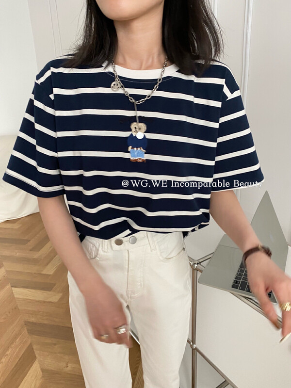 New in early spring!  [WGWE] Striped all-match loose short-sleeved T-shirt 1076# PCZ