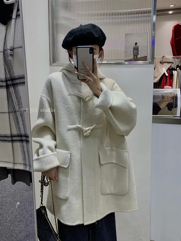 【Y.JIA】Korean horn buckle hooded wool coat 55129