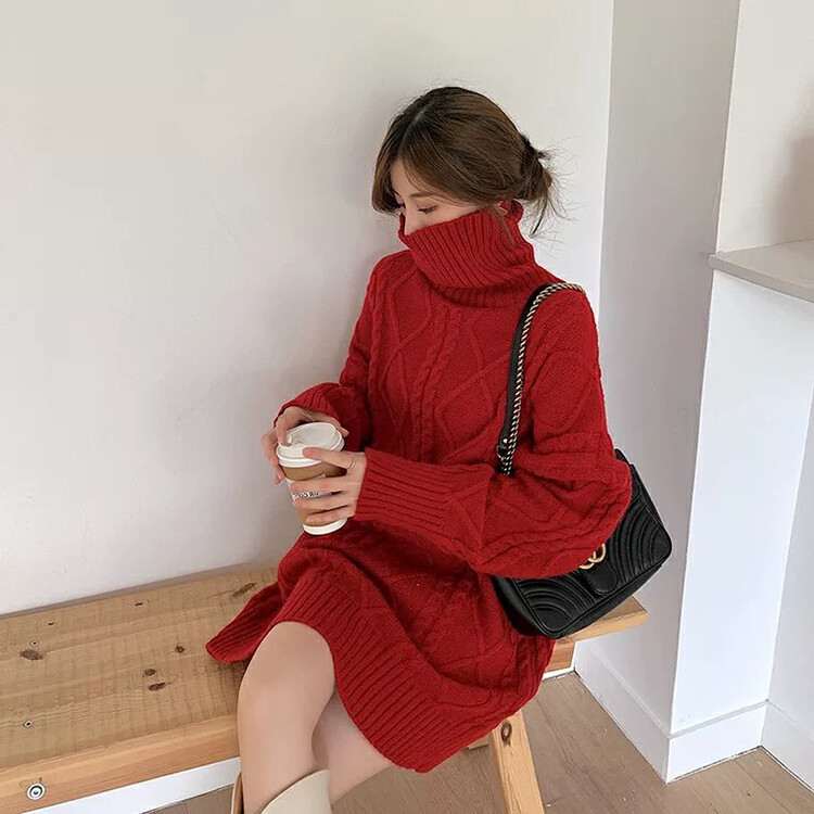 【L.L STUDIO】Christmas red turtleneck pullover dress (with belt) 78595# PCZ