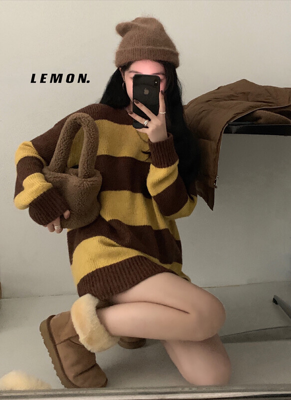 [Lemon Green Tea] Round Neck Contrasting Color Wide Stripe Soft Pullover Warm Sweater 00-267# FHX