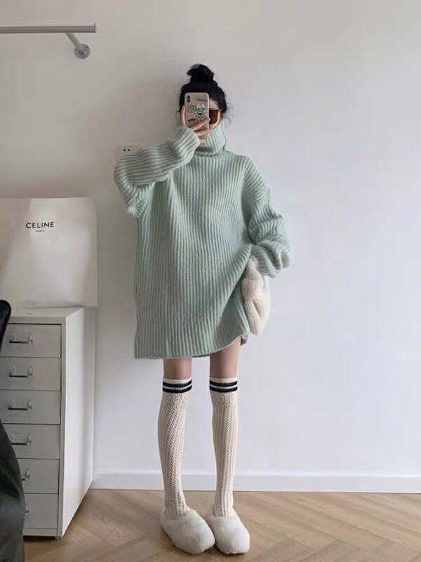 【MI NI】High collar lazy mid-length knitted sweater 9736# PCZ