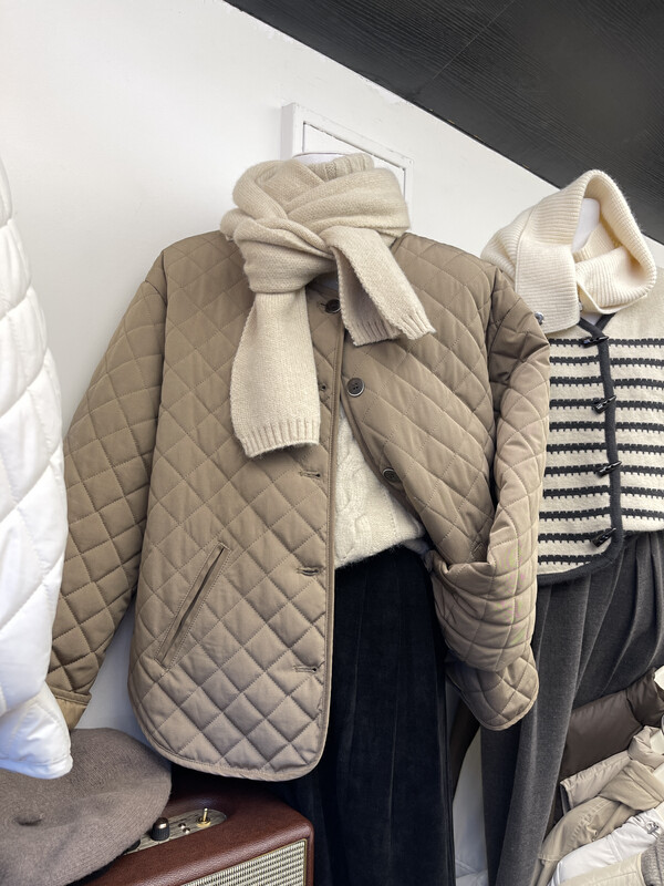 [ISO Korean style] Rhombus pattern round neck Korean style fashion all-match thin solid color warm padded jacket 066631# HJY