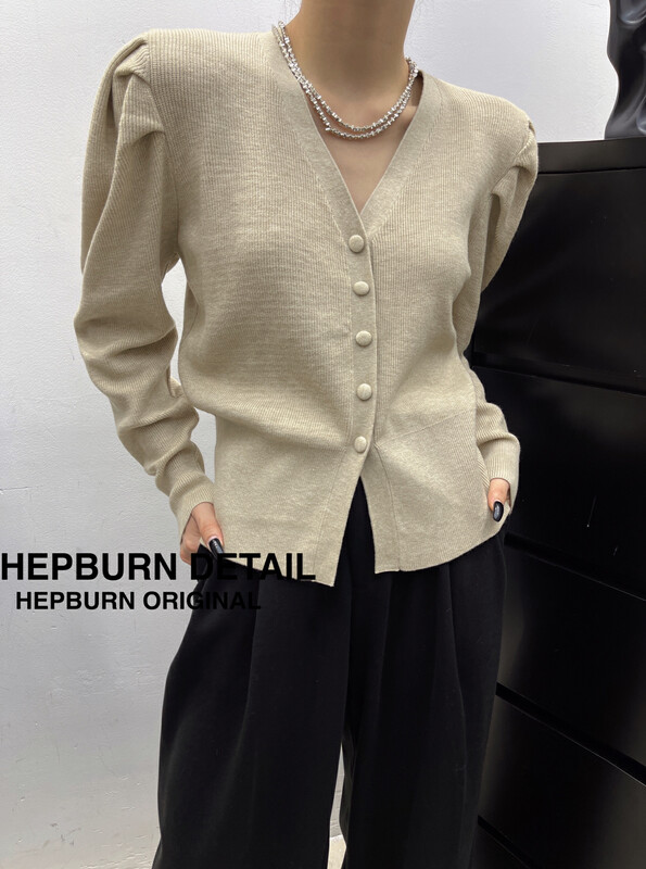 【HEPBURN Hepburn】French retro wool puff sleeve knitted cardigan with western style and slimming HMF8083