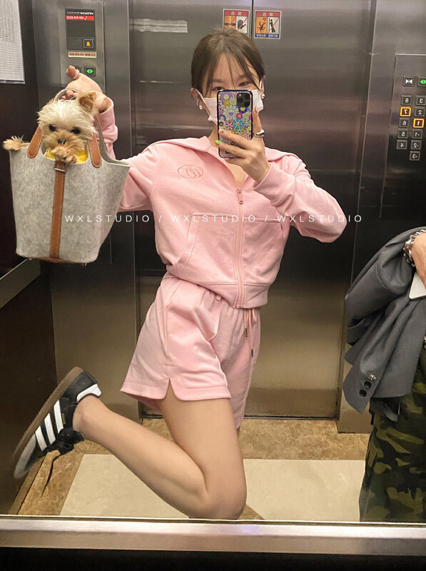 New in autumn! [WGWE] lapel double zipper sweater + simple casual pants suit 2509# FHX