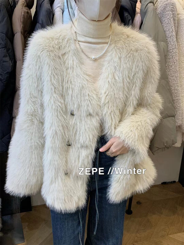 【ZE】V-neck double-breasted solid color warm fur coat W1236# L